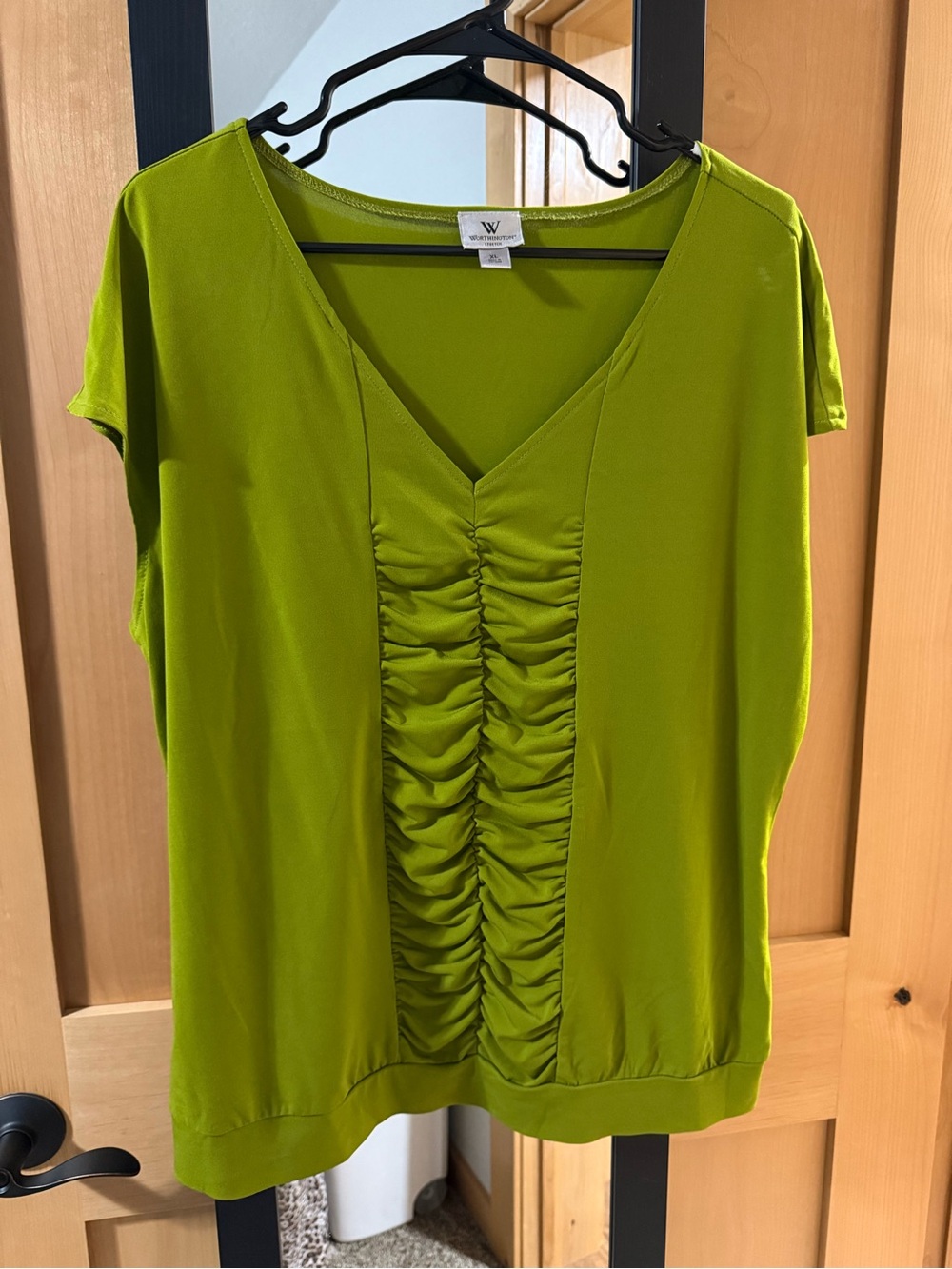 Worthington Olive Green V-Neck Short Sleeve Ruched Front Top